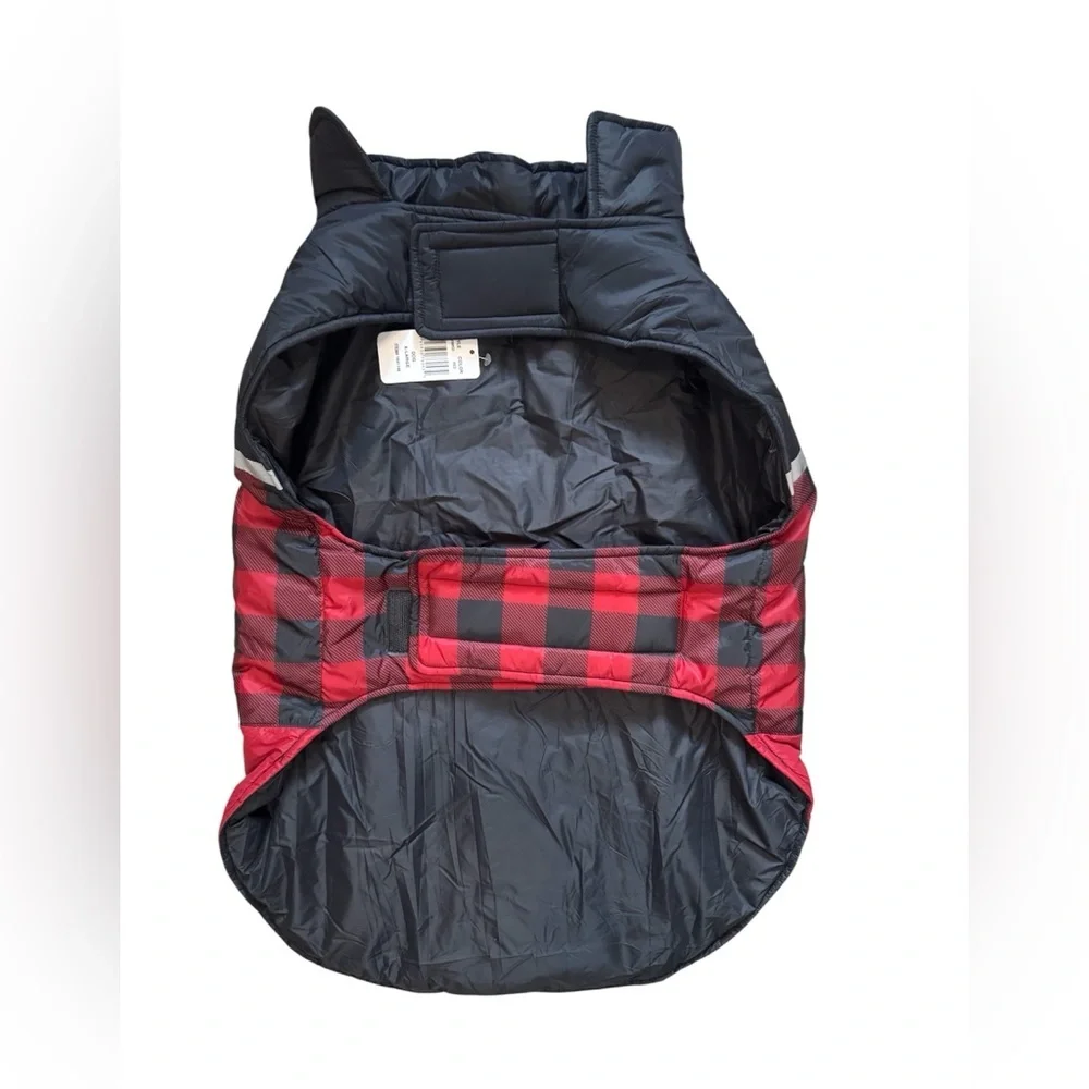 32 Degrees red and black plaid dog puffer vest coat.
